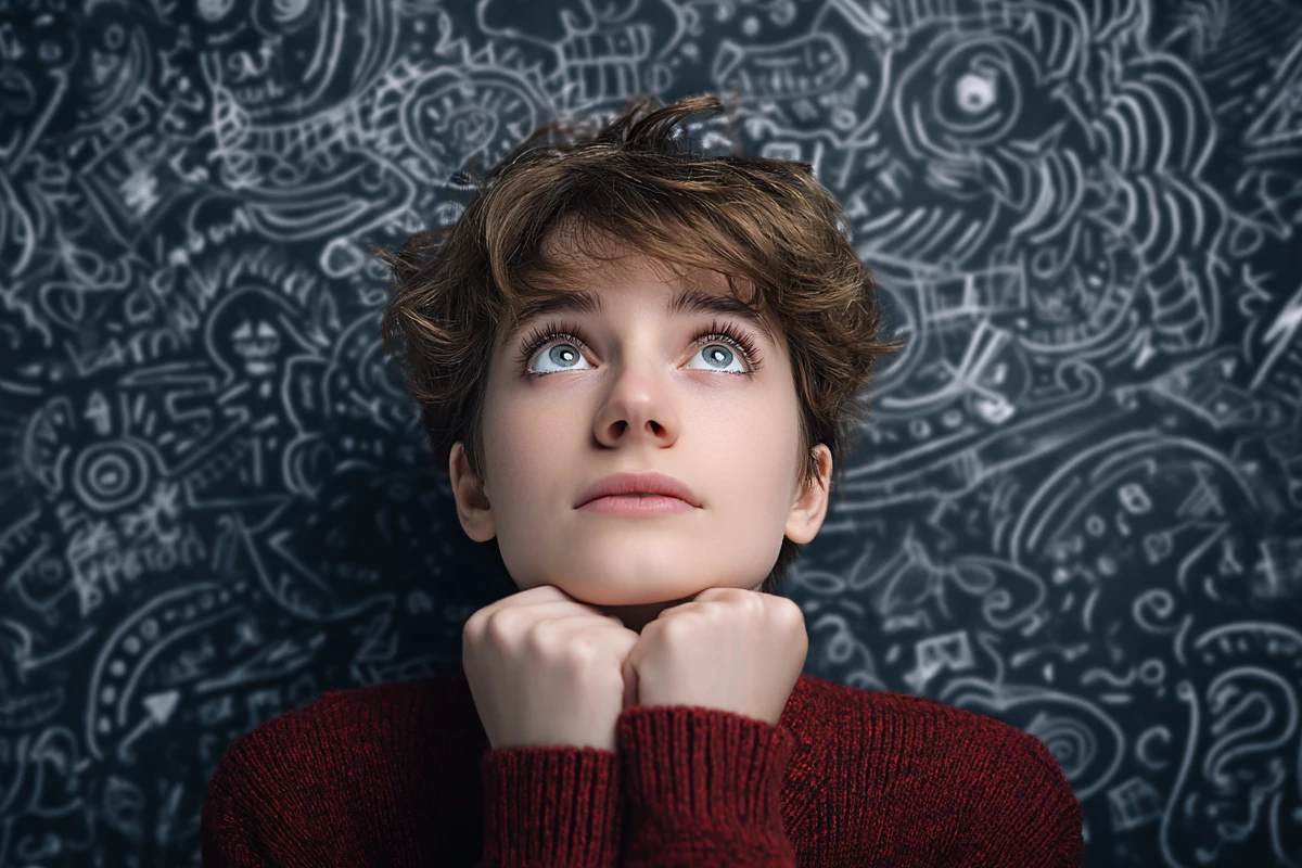 Young woman pondering with creative chalkboard drawings behind