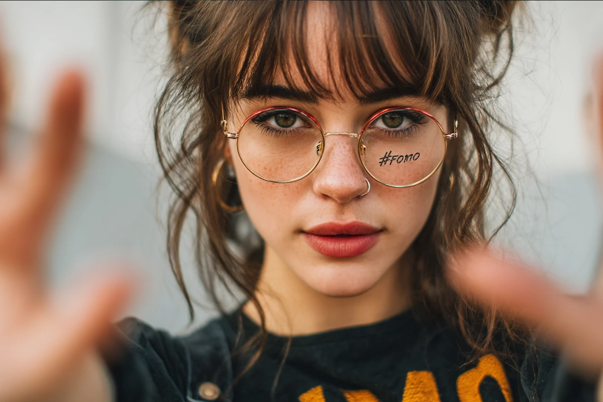 Young woman with glasses showing hashtag #fomo