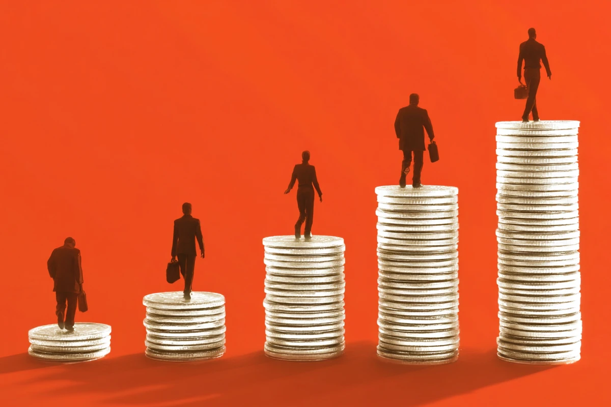 Silhouetted people ascending stacks of coins
