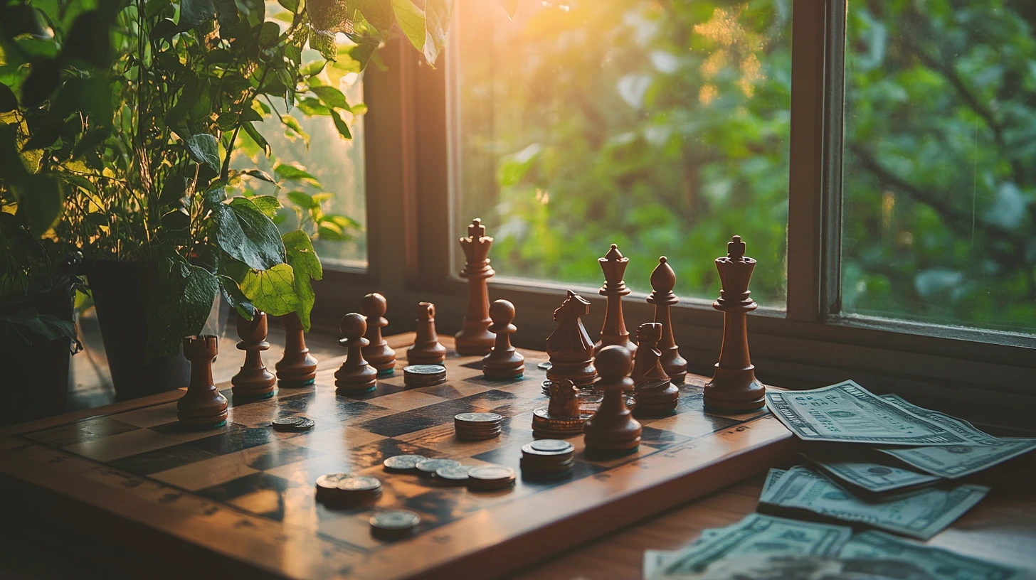 Chess game and plants by sunny window