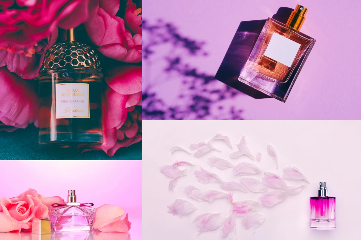 Collage of elegant floral perfumes surrounded by petals