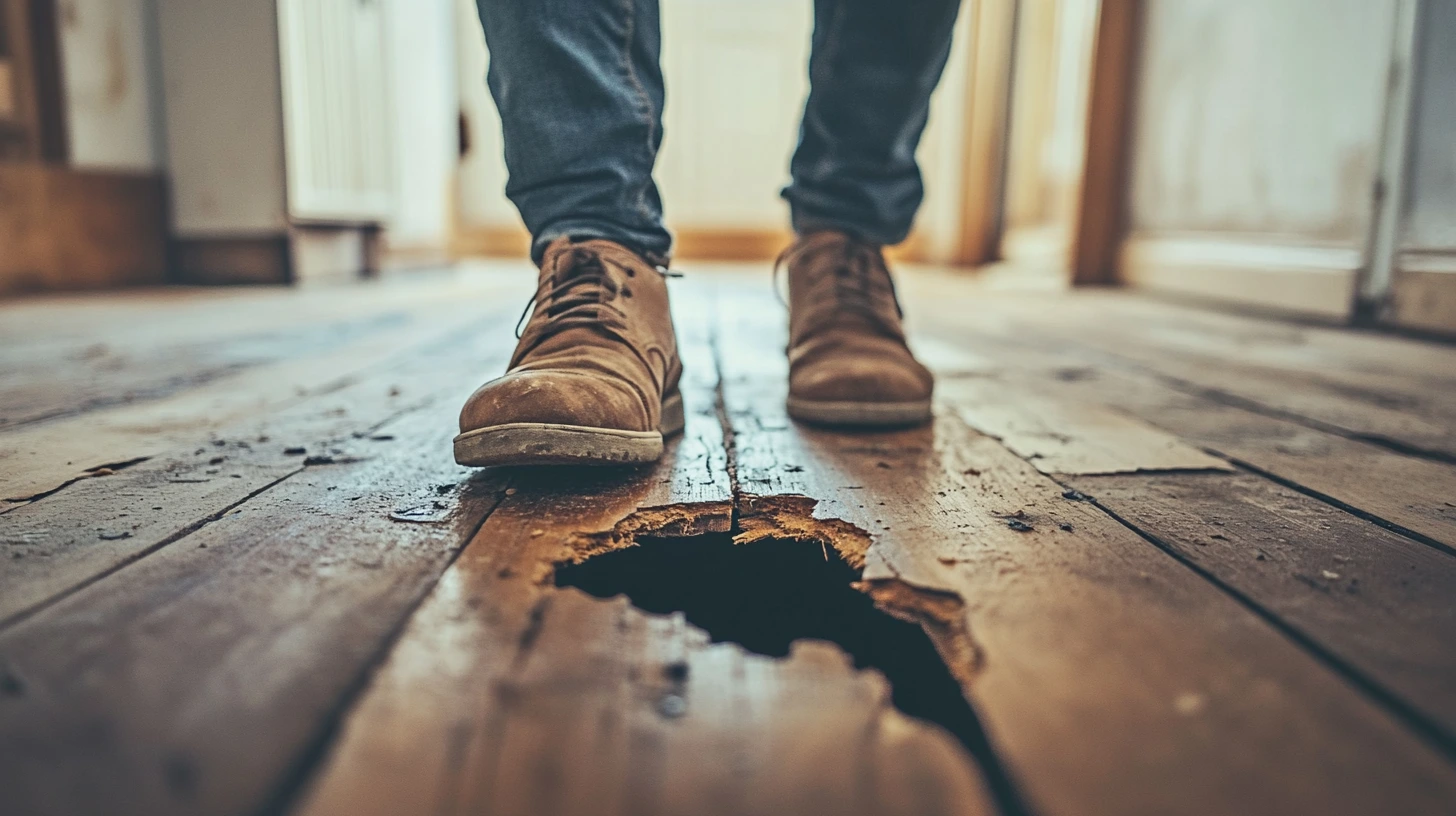 Person standing over a broken wooden floor