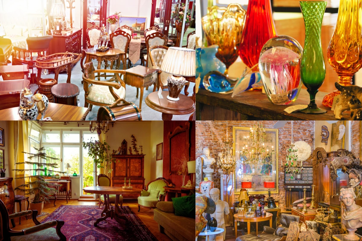 Collage of various antique shops with furniture and glassware.