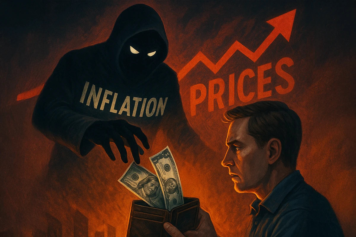Man facing inflation monster with rising price graph