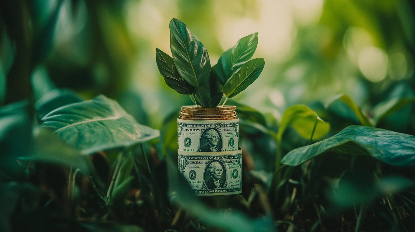 Plant growing from jar of money in greenery