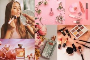 Collage of makeup products and a woman applying makeup