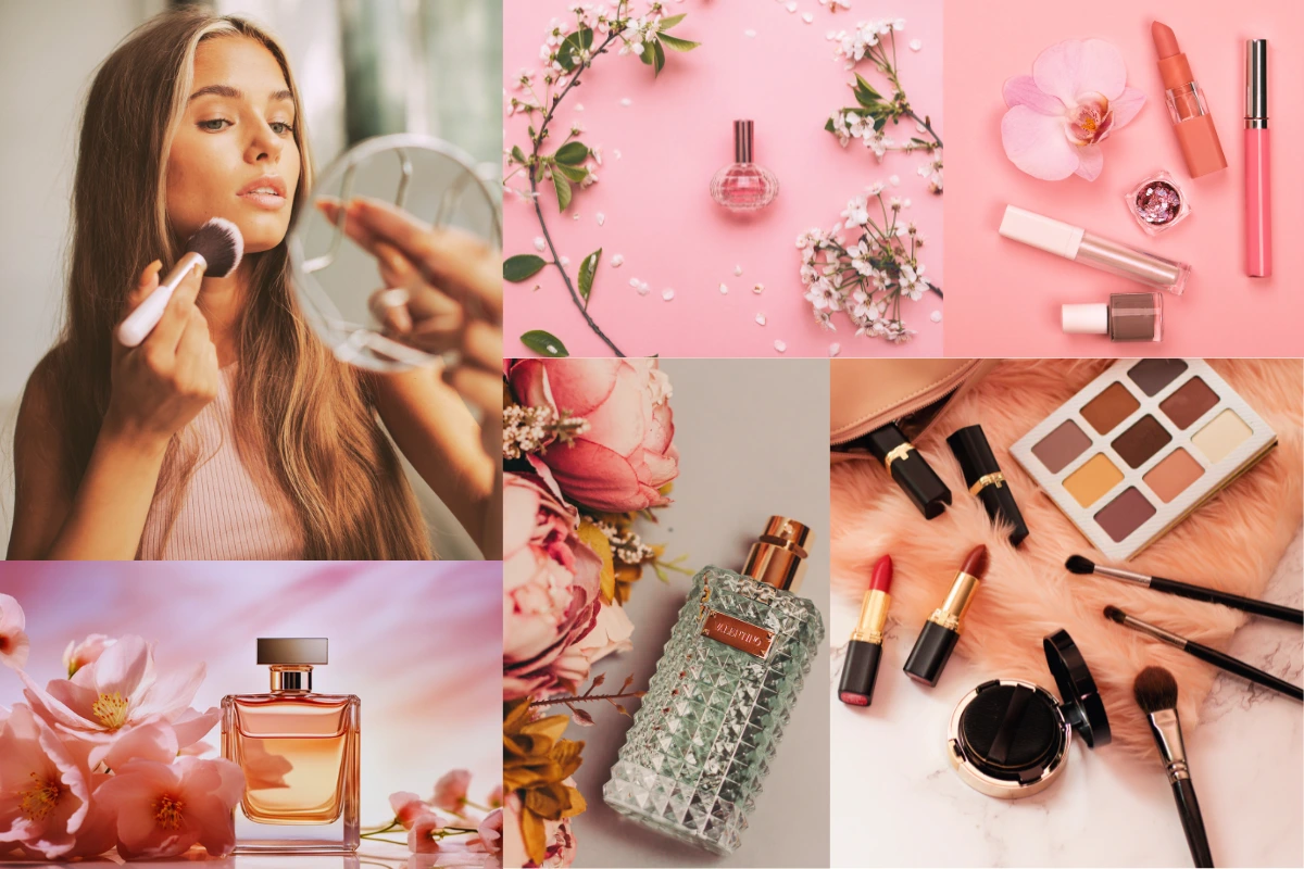 Collage of makeup products and a woman applying makeup