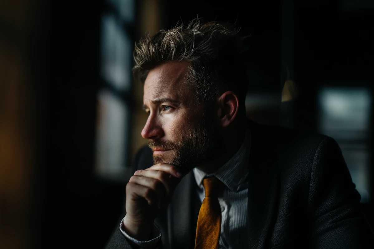 Pensive man in suit gazing thoughtfully