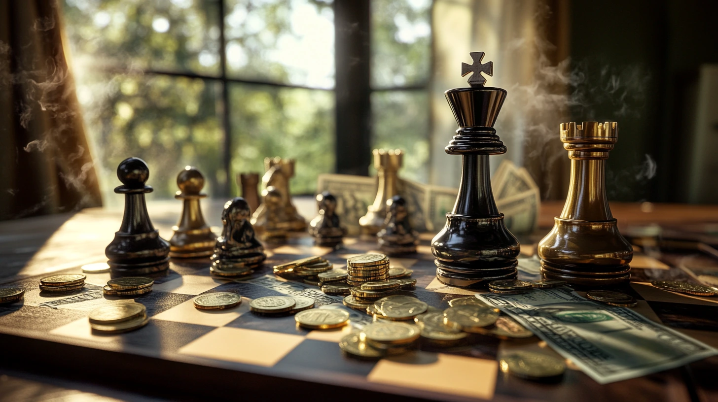 Chess board with pieces, coins, and cash, strategic game.