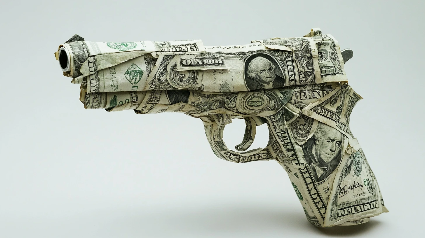Gun sculpture made from rolled dollar bills