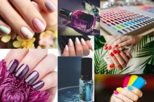 Variety of colorful nail art designs and nail polish bottles