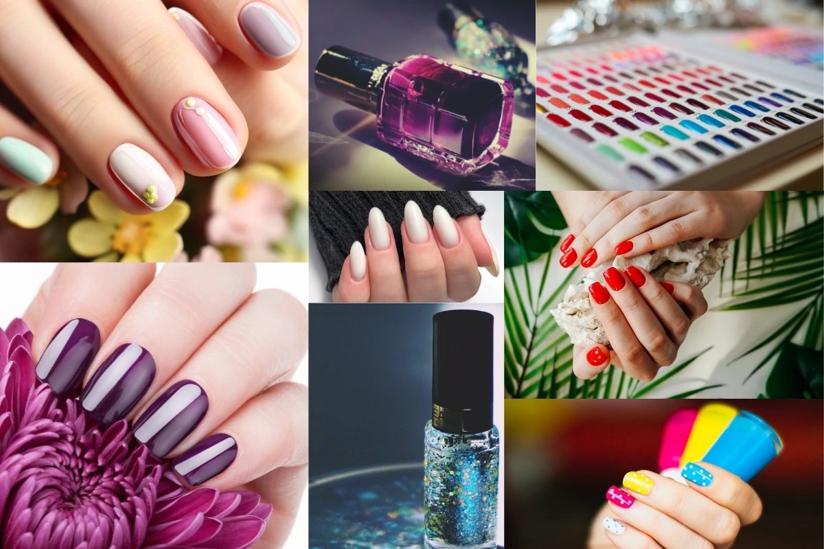 Variety of colorful nail art designs and nail polish bottles