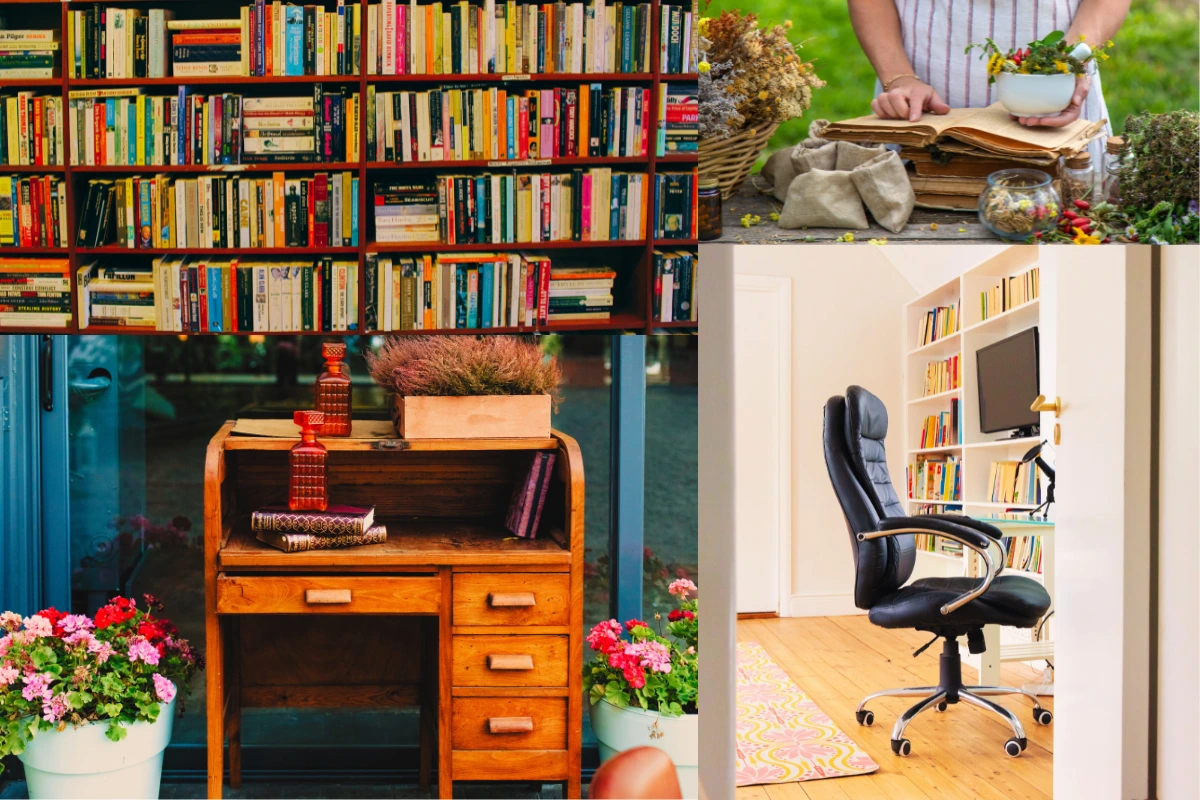 Collage of diverse cozy reading spaces and bookshelves