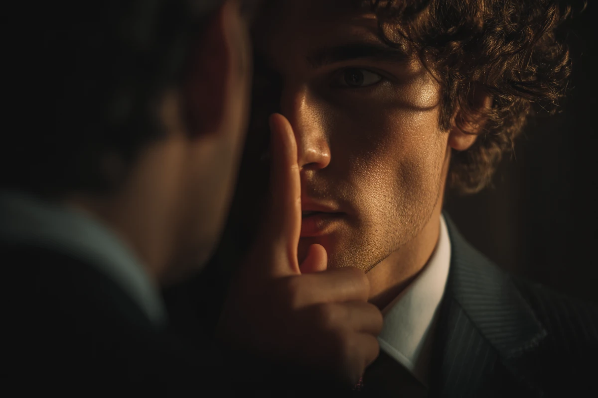 Man in suit gesturing silence to another