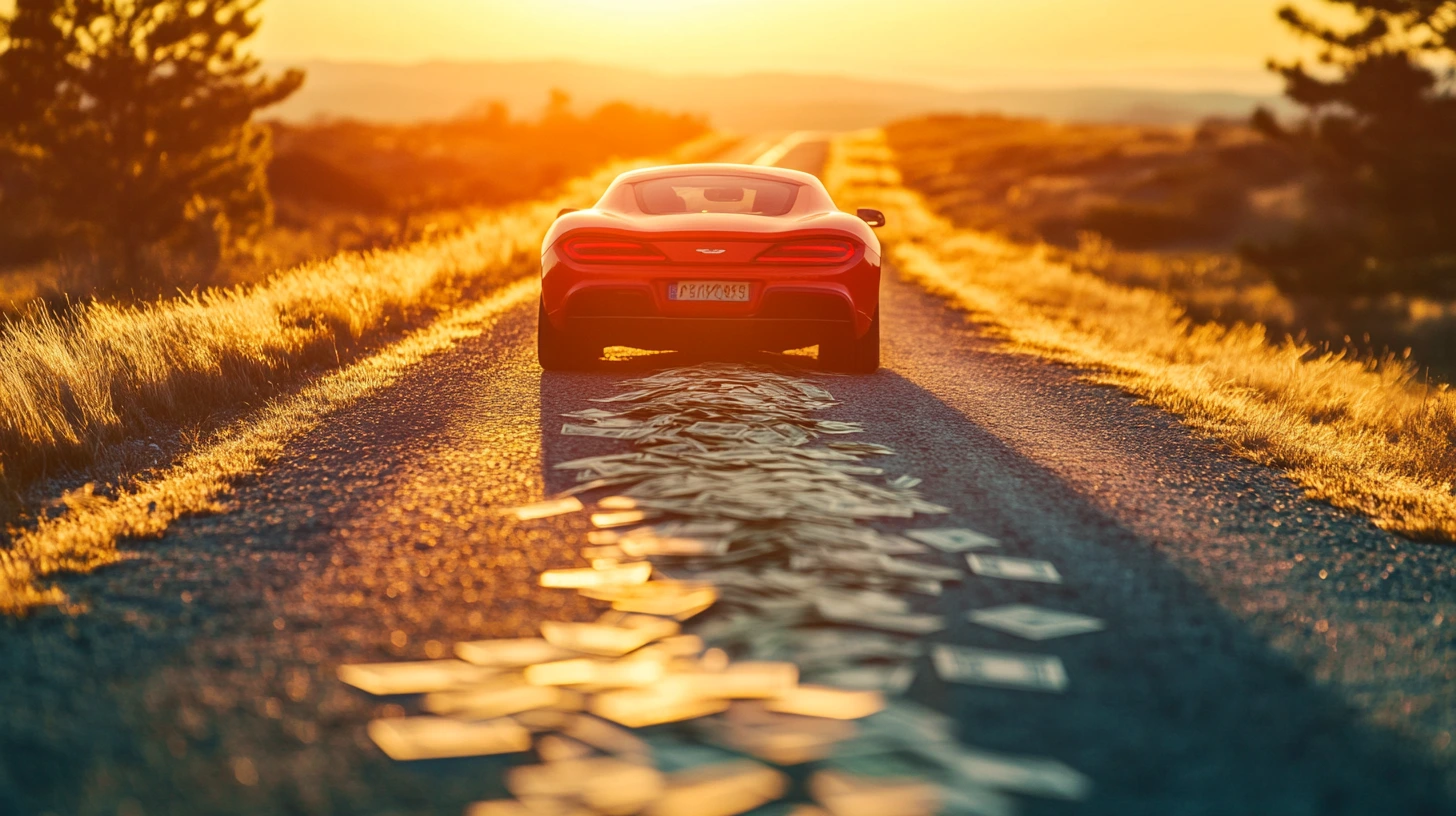 Red sports car driving on road at sunset