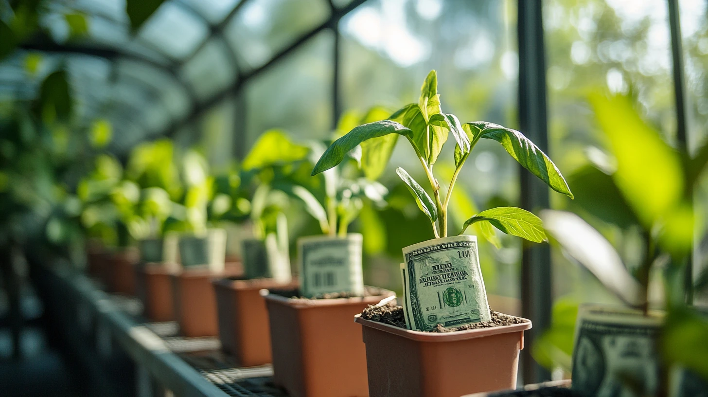 Plants in pots with money bills growing in them