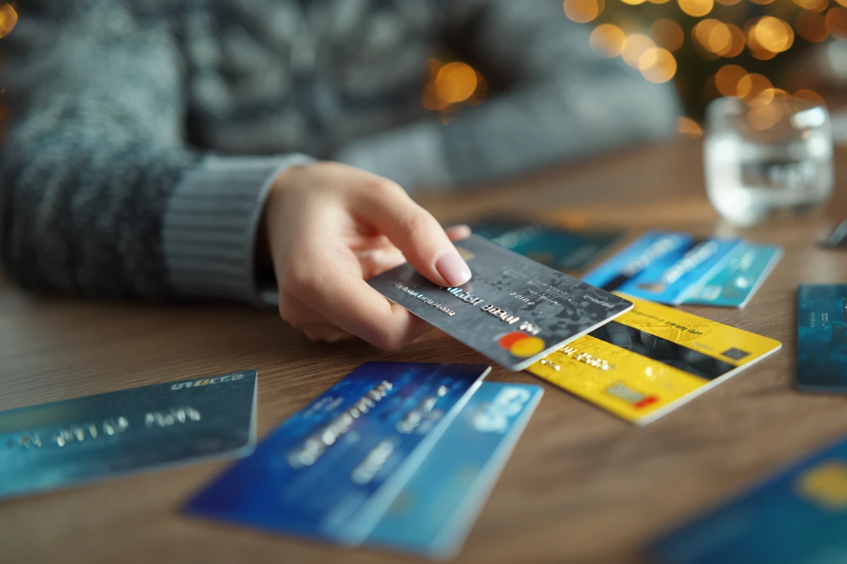 Person holding credit card over assorted credit cards