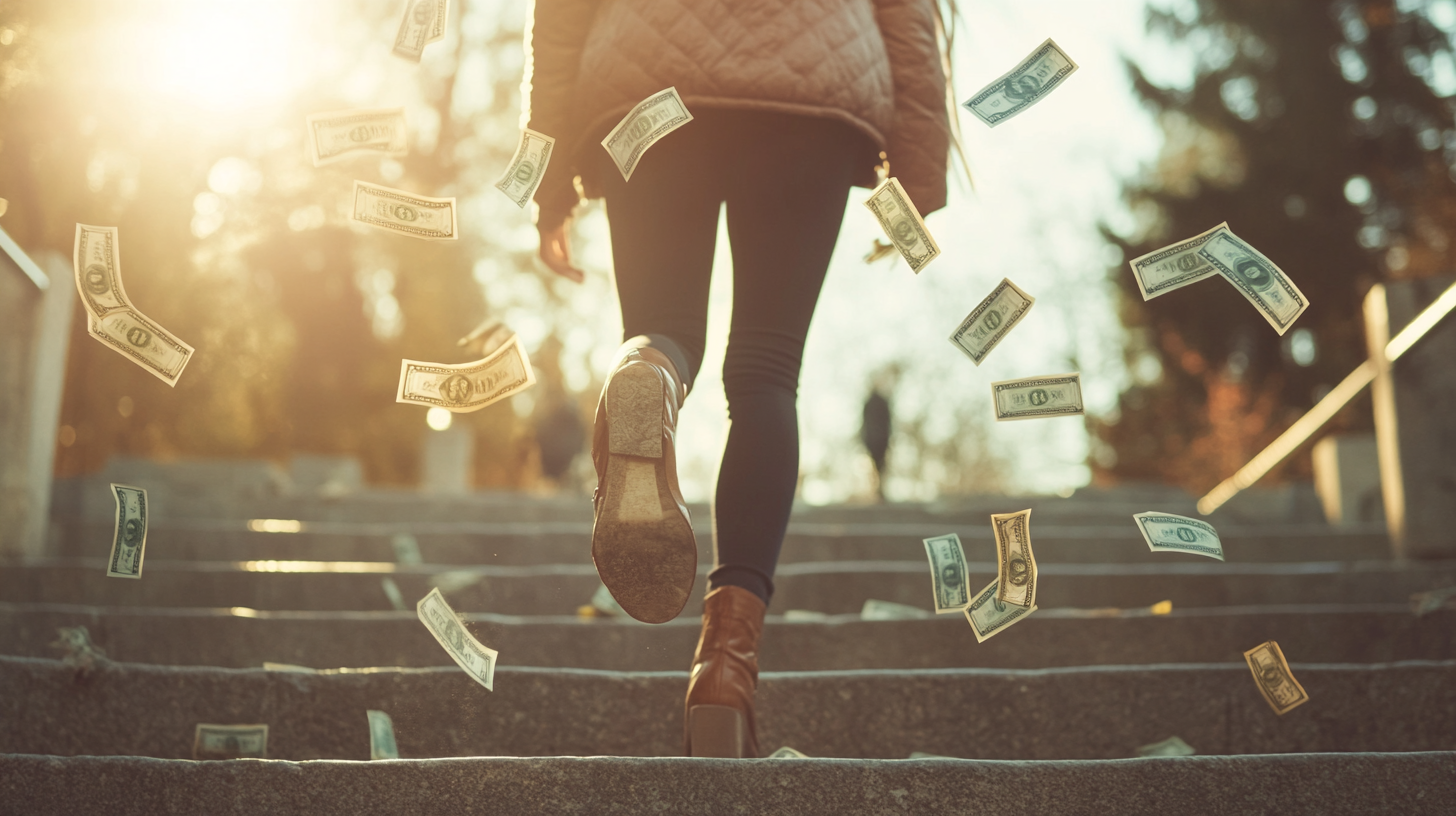 Person walking upstairs with money floating around