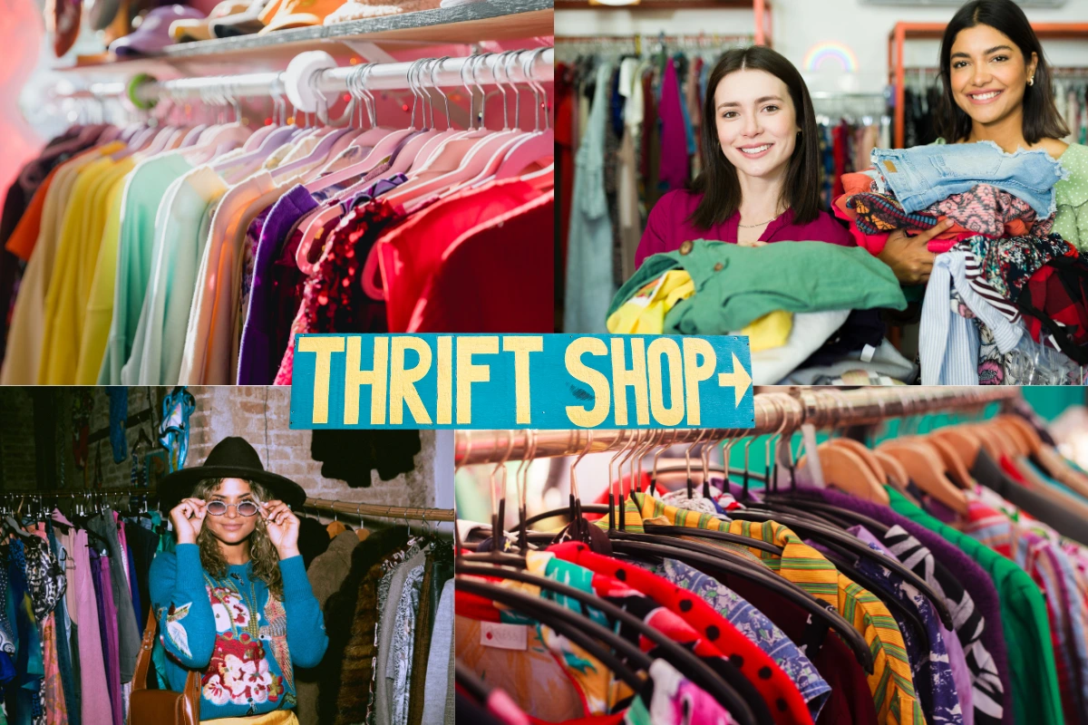 Collage of vibrant thrift shop scenes with shoppers