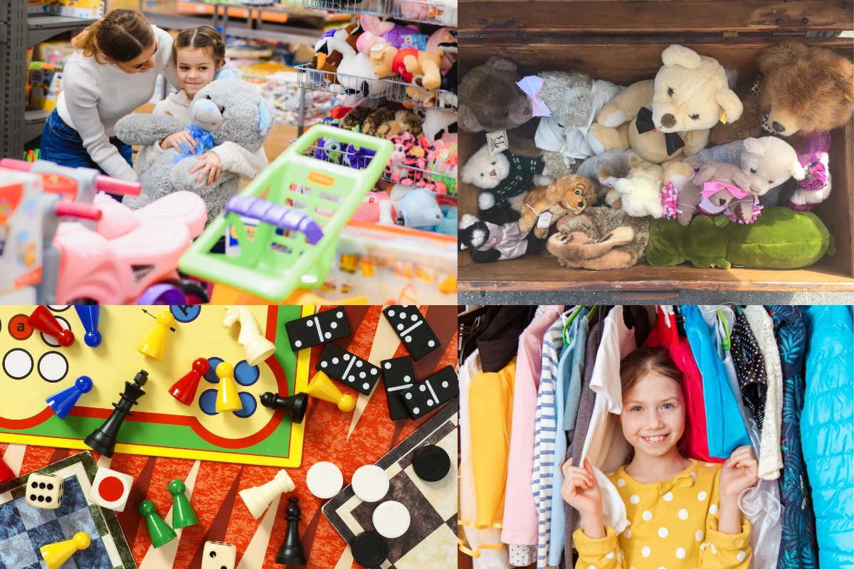 Collage of various colorful children's toys and clothes