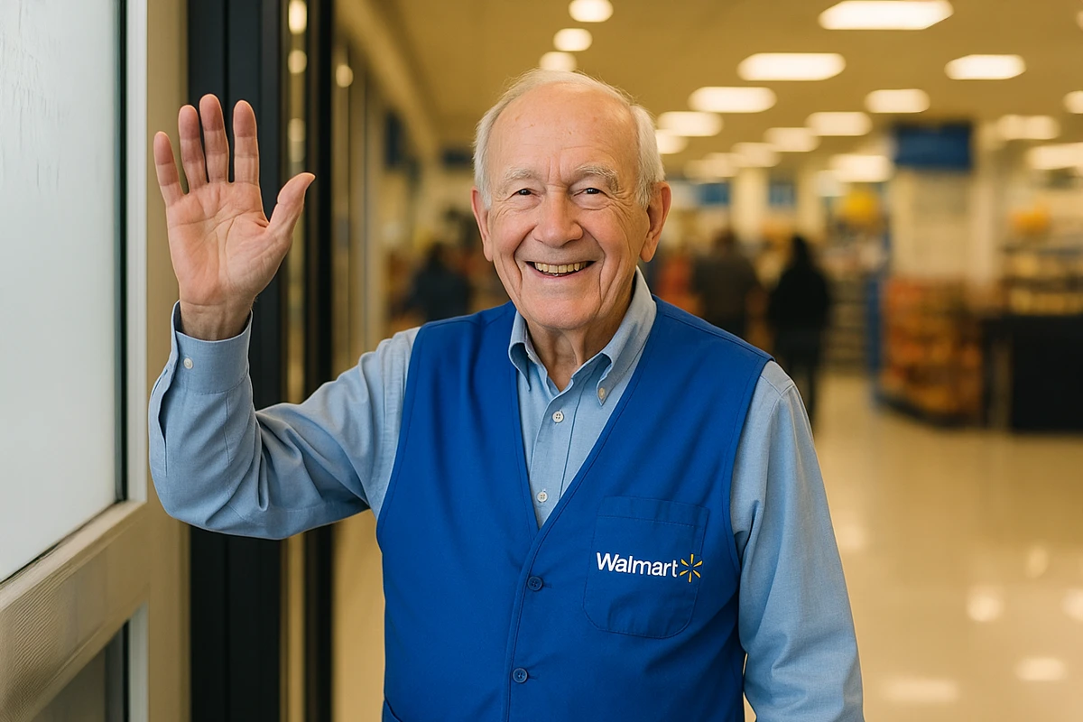 Smiling elderly Walmart greeter waving in store