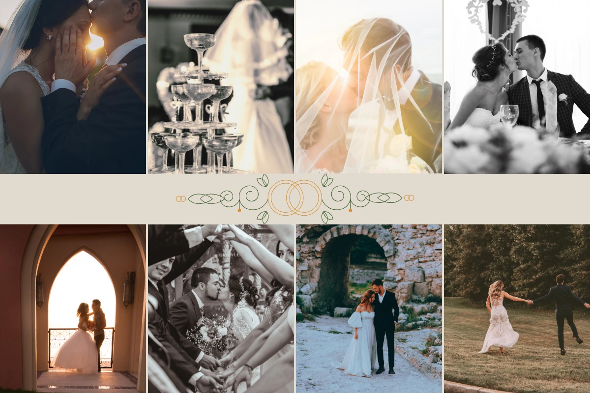 Collage of diverse romantic wedding moments and settings