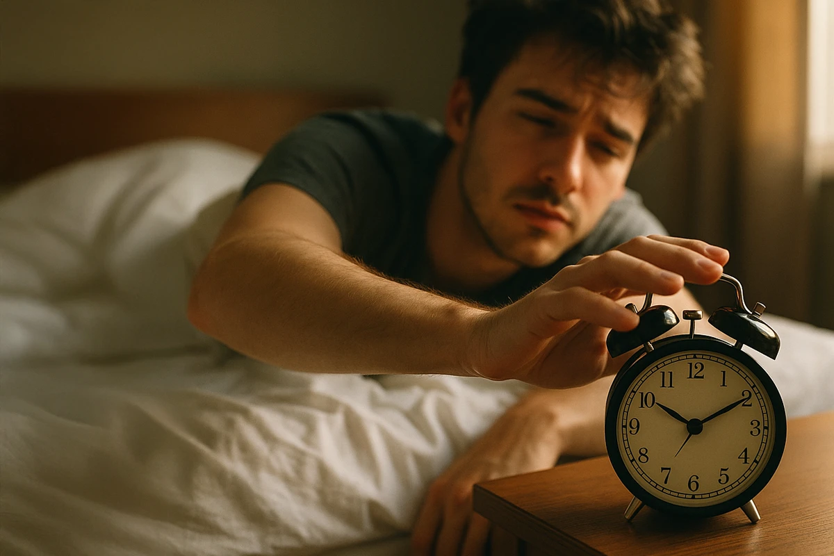 Man turning off alarm clock in morning