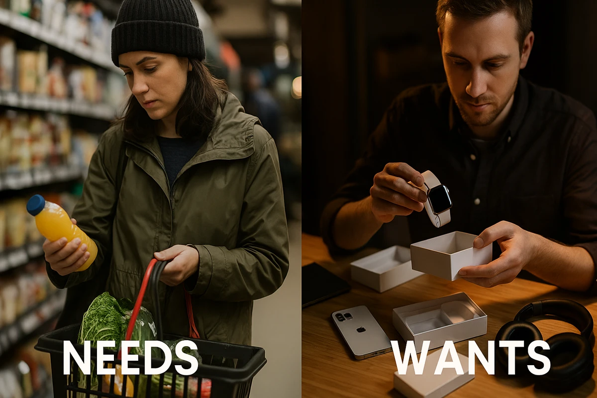 Woman shopping groceries, man examining smartwatch