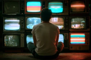 Man sitting before vintage TVs displaying colorful static
