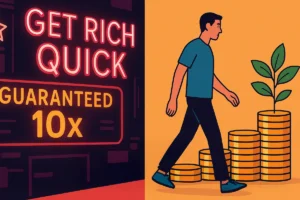 Man walking from neon 'Get Rich Quick' sign to savings