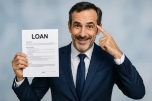 Smiling man holding a loan agreement document