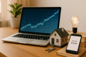 Home financial management setup with laptop and smartphone