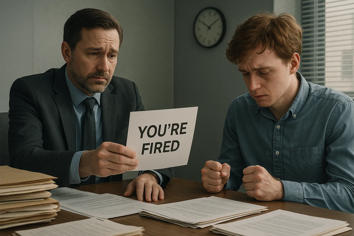 Manager handing 'You're Fired' sign to distressed employee