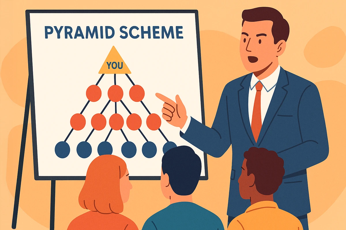 Man explaining pyramid scheme to attentive group