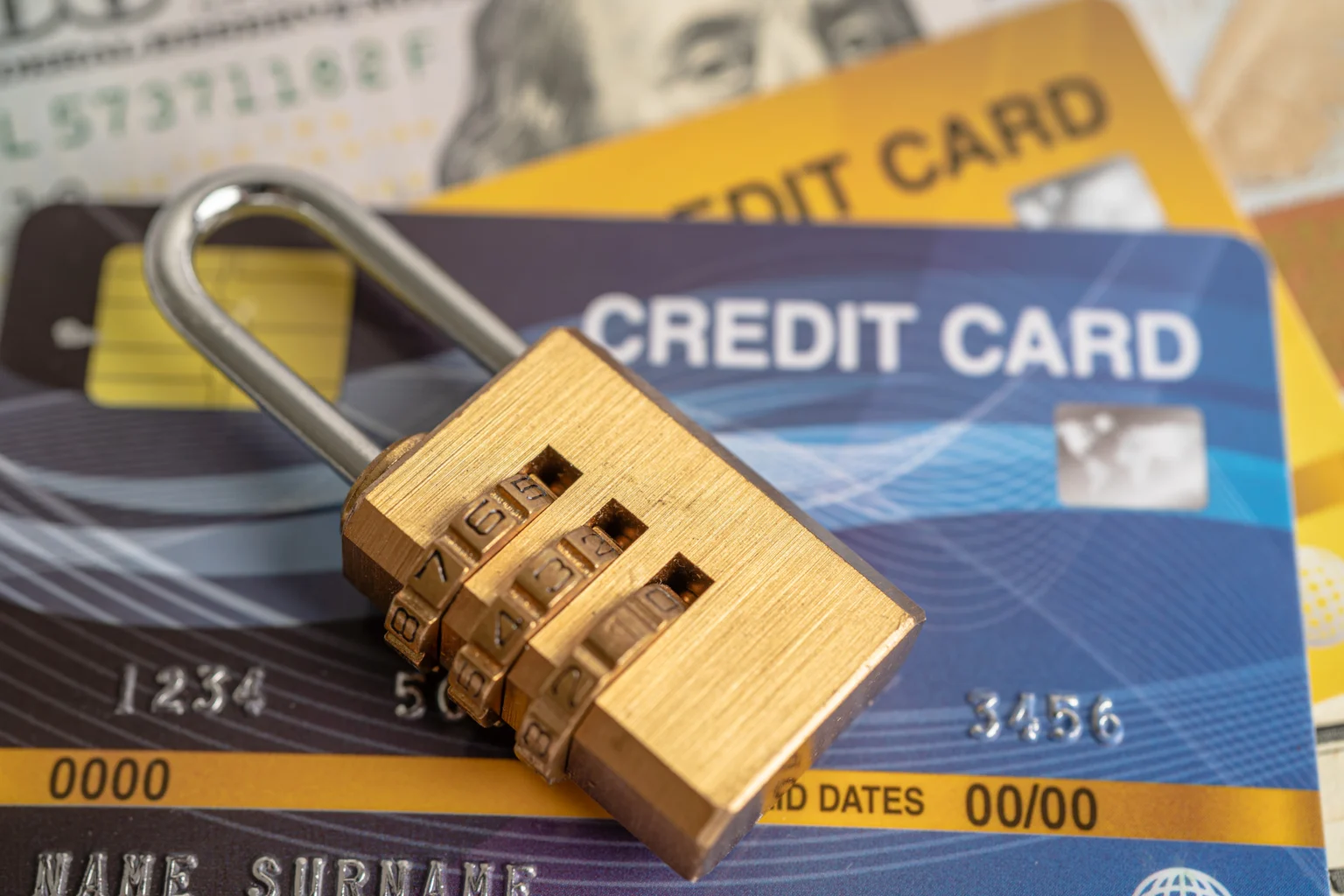 Padlock on credit card symbolizing financial security