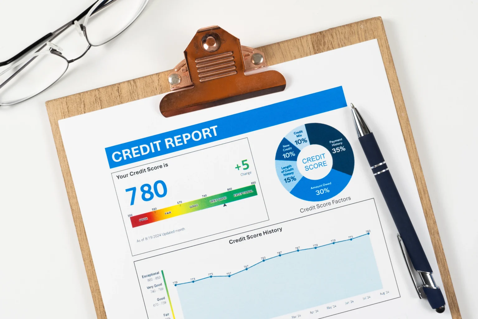 Credit report chart showing score of 780 on clipboard