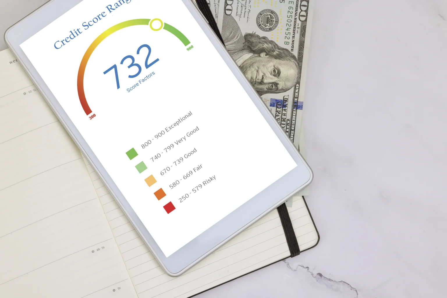 Tablet displaying credit score of 732 with cash beside