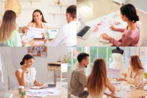 Professionals collaborating creatively in modern office settings.