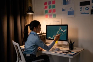 Woman analyzing financial charts on computer screen