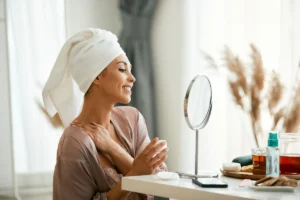 Woman in towel turban admiring reflection, skincare products nearby