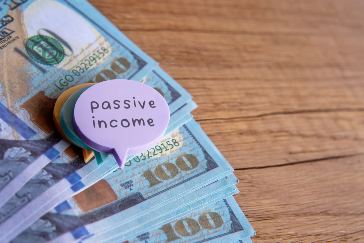 Passive income concept with money and label