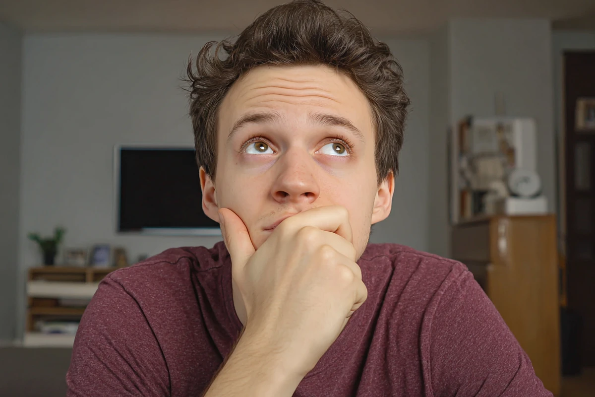 Young man pondering indoors, hand on chin.