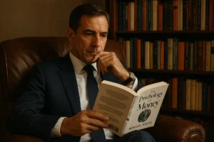 Man reading 'The Psychology of Money' in library