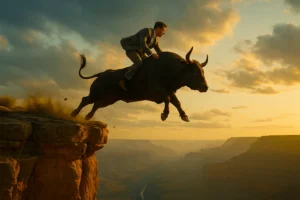 Man riding bull jumping over canyon at sunset
