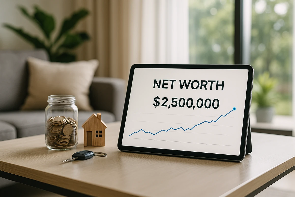 Digital display showing net worth at $2,500,000 with growth chart