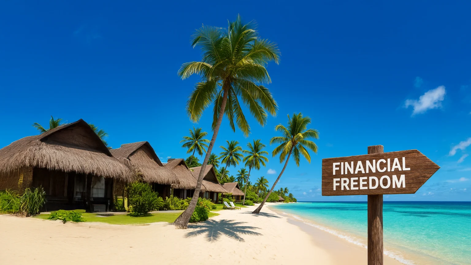 Tropical beach with 'Financial Freedom' signboard