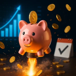 Piggy bank with coins, growth chart and calendar background