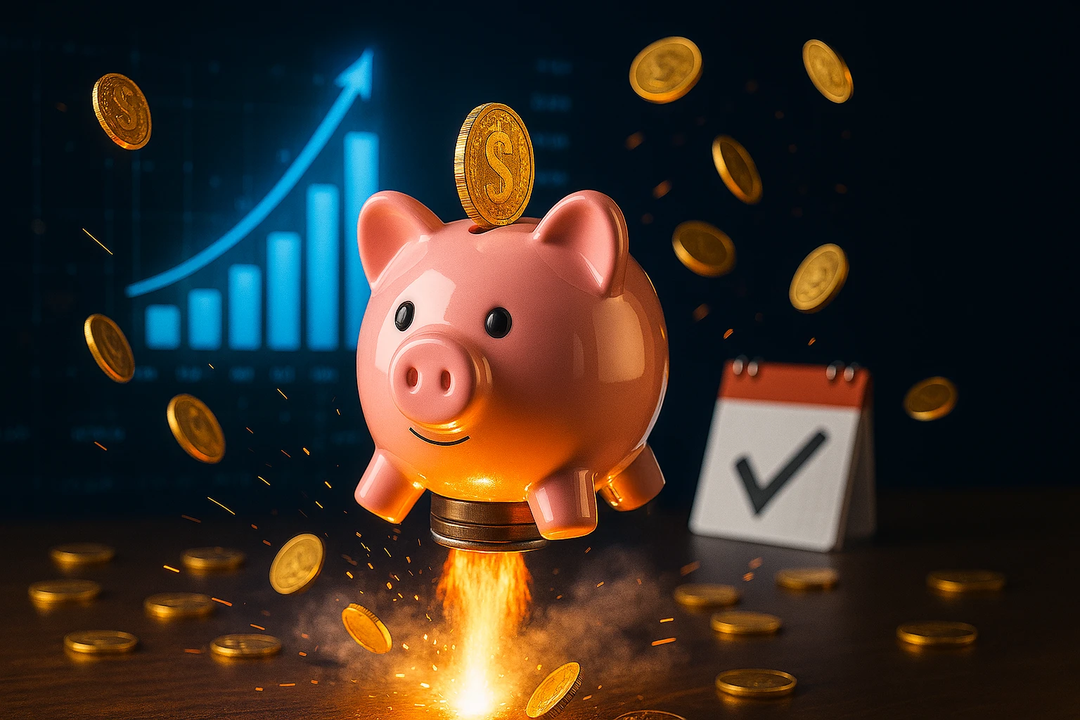 Piggy bank with coins, growth chart and calendar background