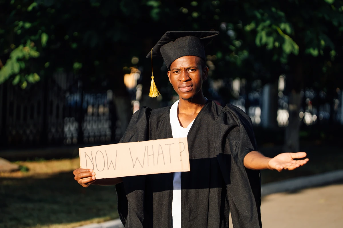 Graduate holding 'Now What?' sign, looking uncertain