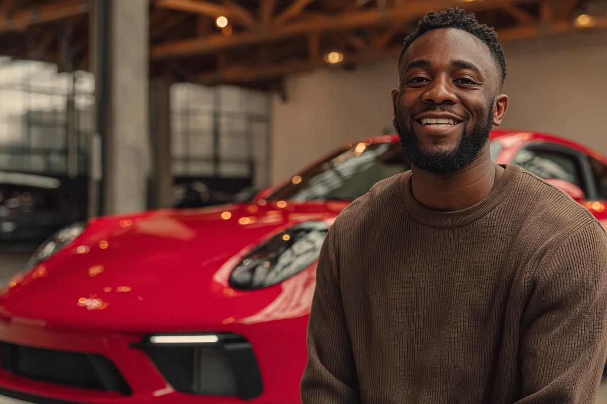 a man smiling in front of a red car